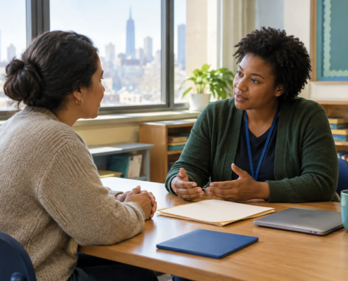 Parent and educator discuss 504 plan vs. IEP options for a child in New York City