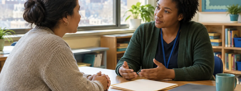 Parent and educator discuss 504 plan vs. IEP options for a child in New York City